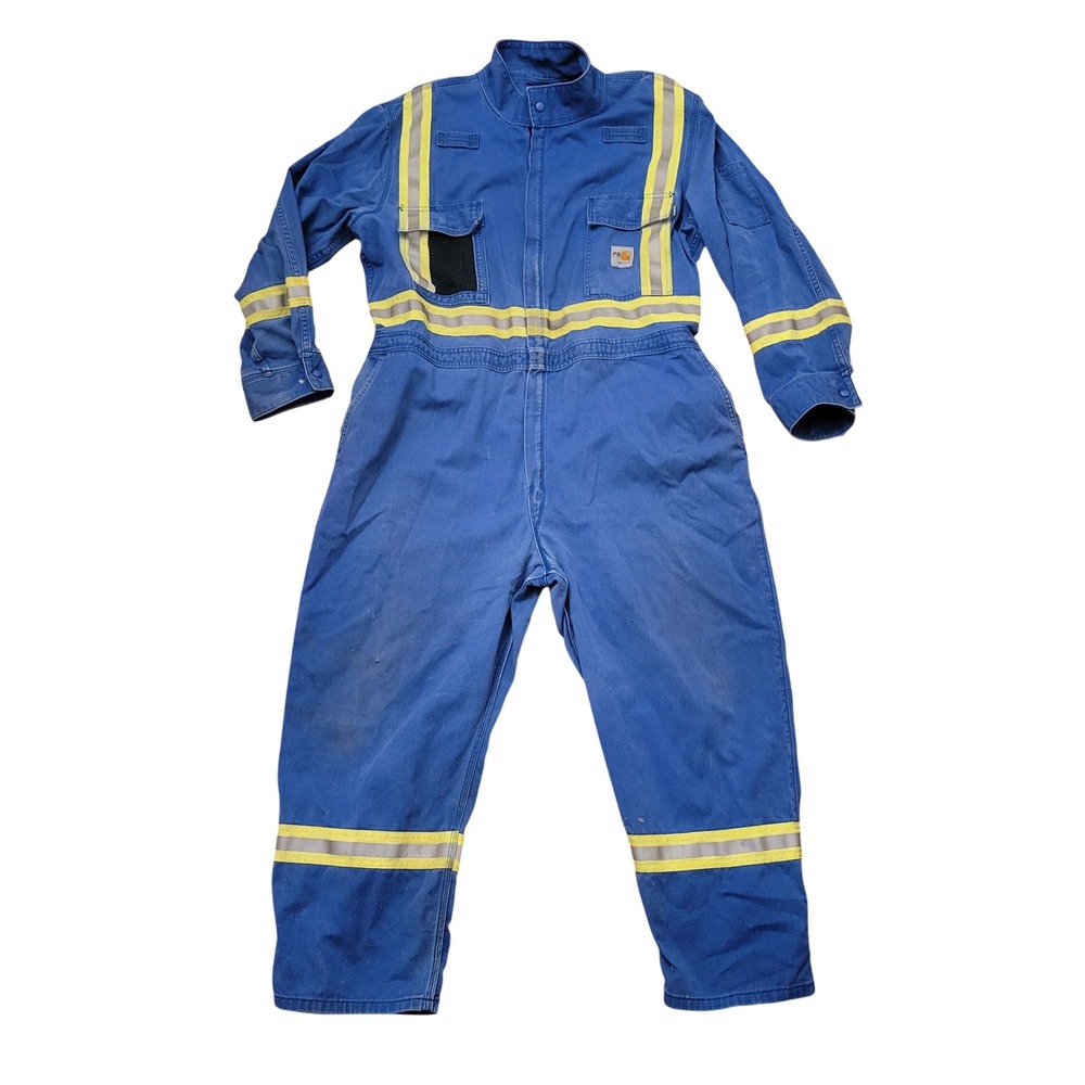 Carhartt FR Coveralls Blue Work Jumpsuit Reflective Safety‎ 52 Short Thrashed
